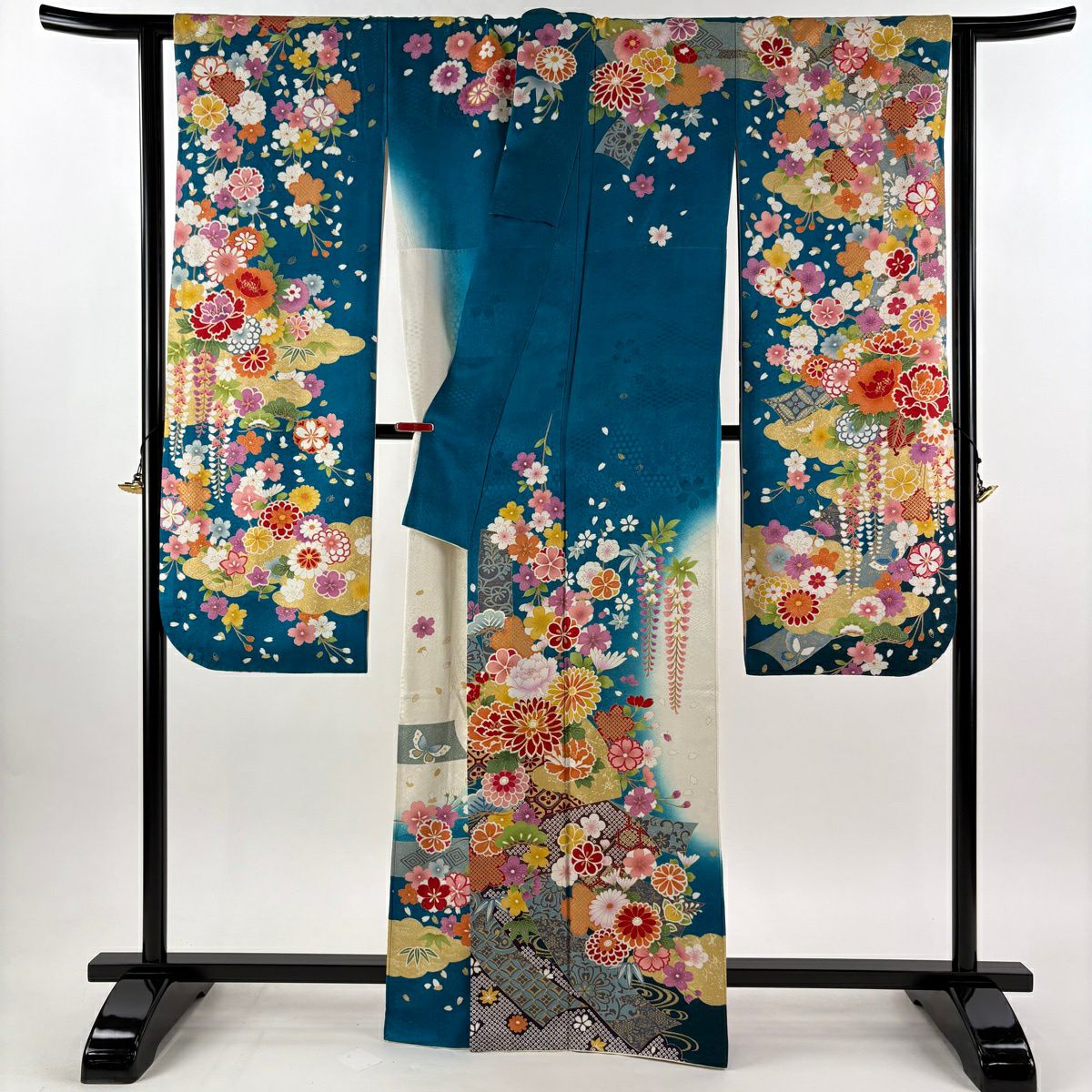 振袖禮服 身長164.5cm 袖長67cm M 雙層 草花紋紋 熨斗紋 銀通 金糸 青綠 純蠶絲 逸品級