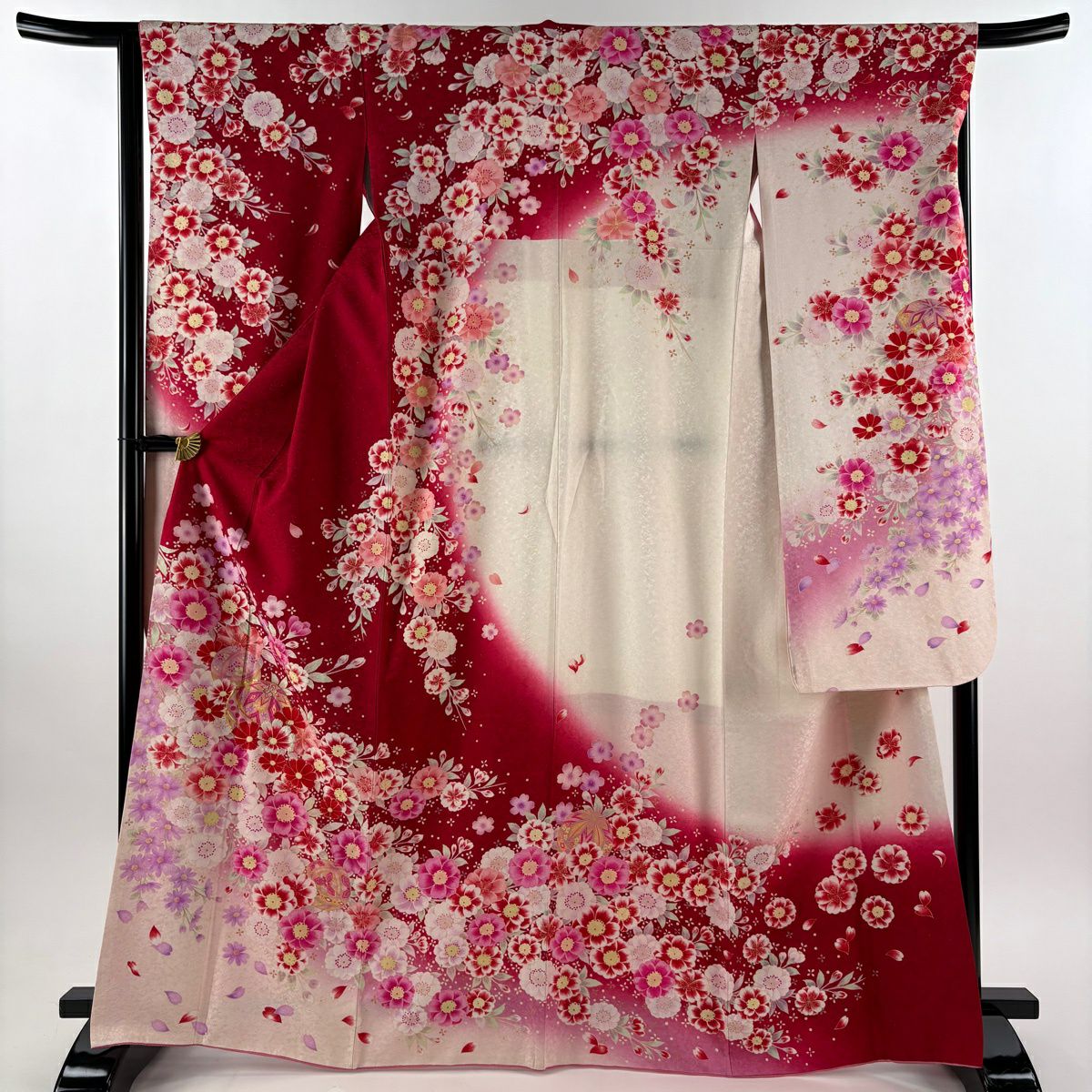 振袖禮服 身長167.5cm 袖長66cm M 雙層 手鞠花 金銀彩 刺繡 紅 純蠶絲 逸品級