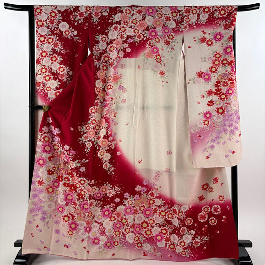 振袖禮服 身長167.5cm 袖長66cm M 雙層 手鞠花 金銀彩 刺繡 紅 純蠶絲 逸品級