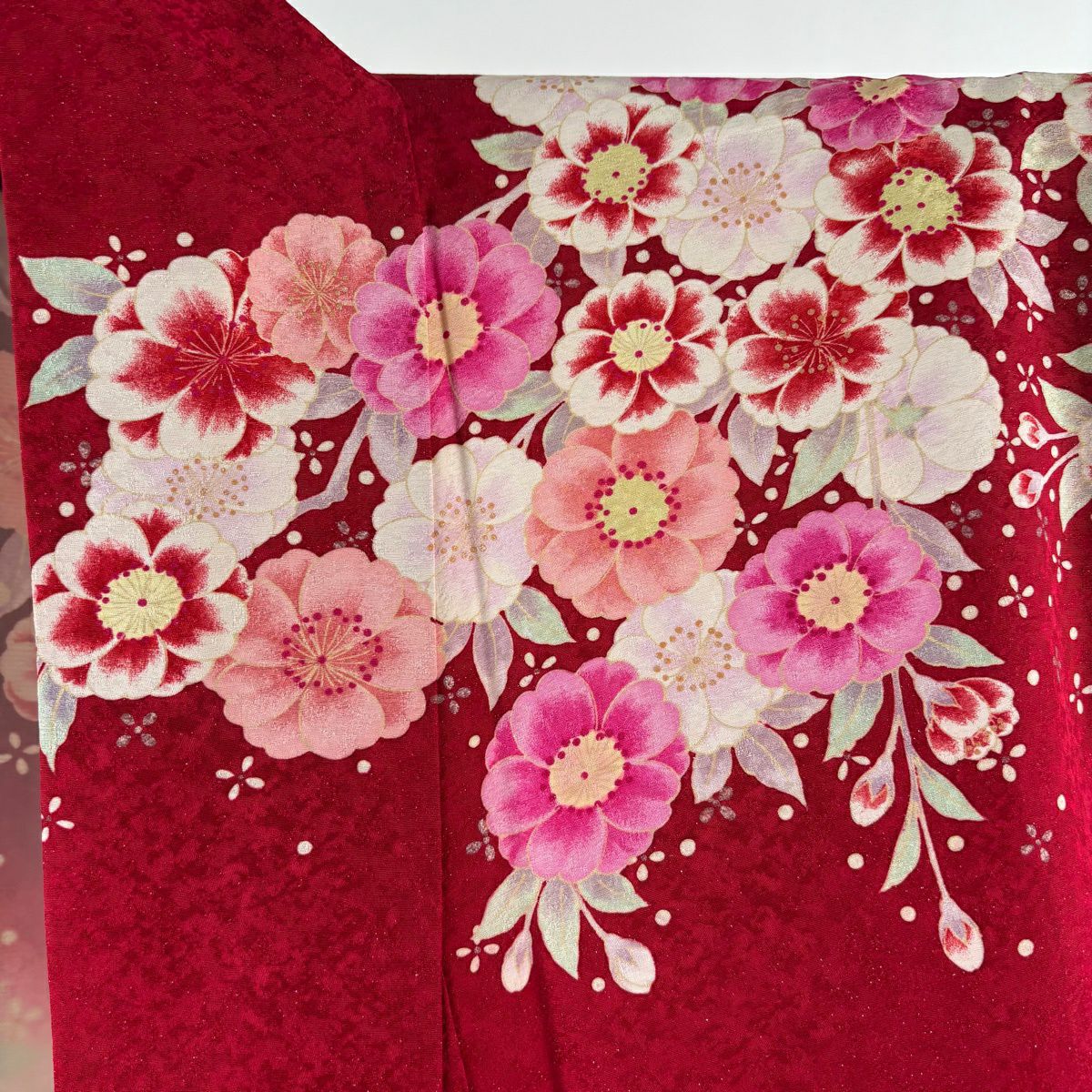振袖禮服 身長167.5cm 袖長66cm M 雙層 手鞠花 金銀彩 刺繡 紅 純蠶絲 逸品級