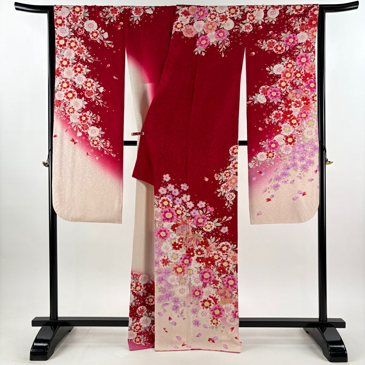 振袖禮服 身長167.5cm 袖長66cm M 雙層 手鞠花 金銀彩 刺繡 紅 純蠶絲 逸品級