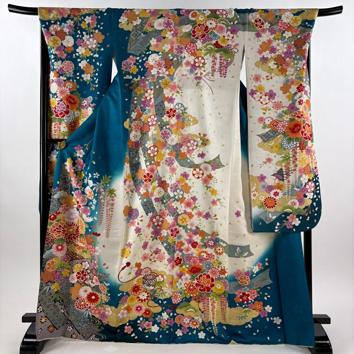 振袖禮服 身長171cm 袖長70cm L 雙層 草花紋紋 熨斗紋 銀通刺繡 青綠 純蠶絲 逸品級