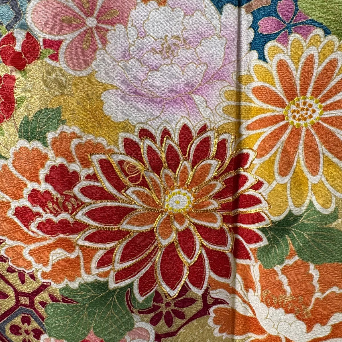 振袖禮服 身長171cm 袖長70cm L 雙層 草花紋紋 熨斗紋 銀通刺繡 青綠 純蠶絲 逸品級