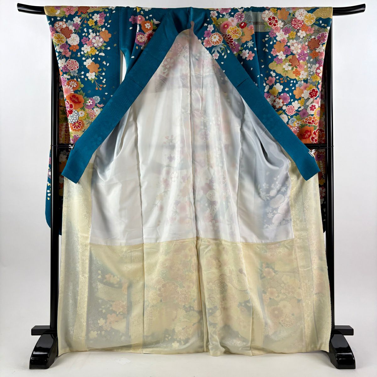 振袖禮服 身長171cm 袖長70cm L 雙層 草花紋紋 熨斗紋 銀通刺繡 青綠 純蠶絲 逸品級