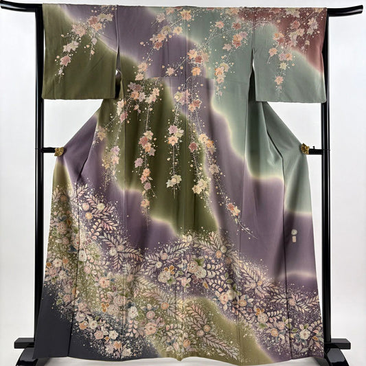 訪問服 身長165.5cm 袖長65cm M 雙層 翠山工房 落款あり 辻花染 染分 ぼかし 灰紫 純蠶絲 逸品級
