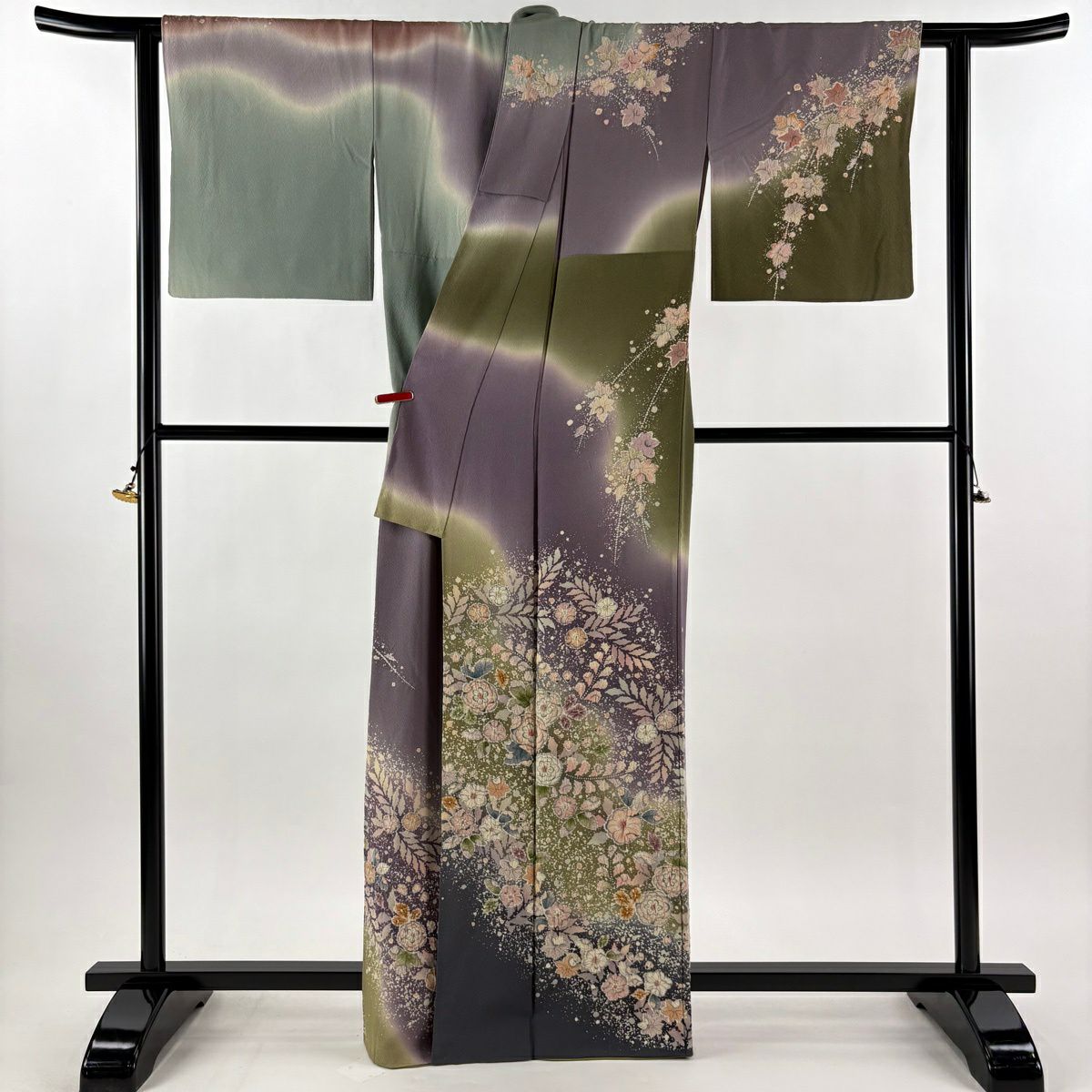 訪問服 身長165.5cm 袖長65cm M 雙層 翠山工房 落款あり 辻花染 染分 ぼかし 灰紫 純蠶絲 逸品級