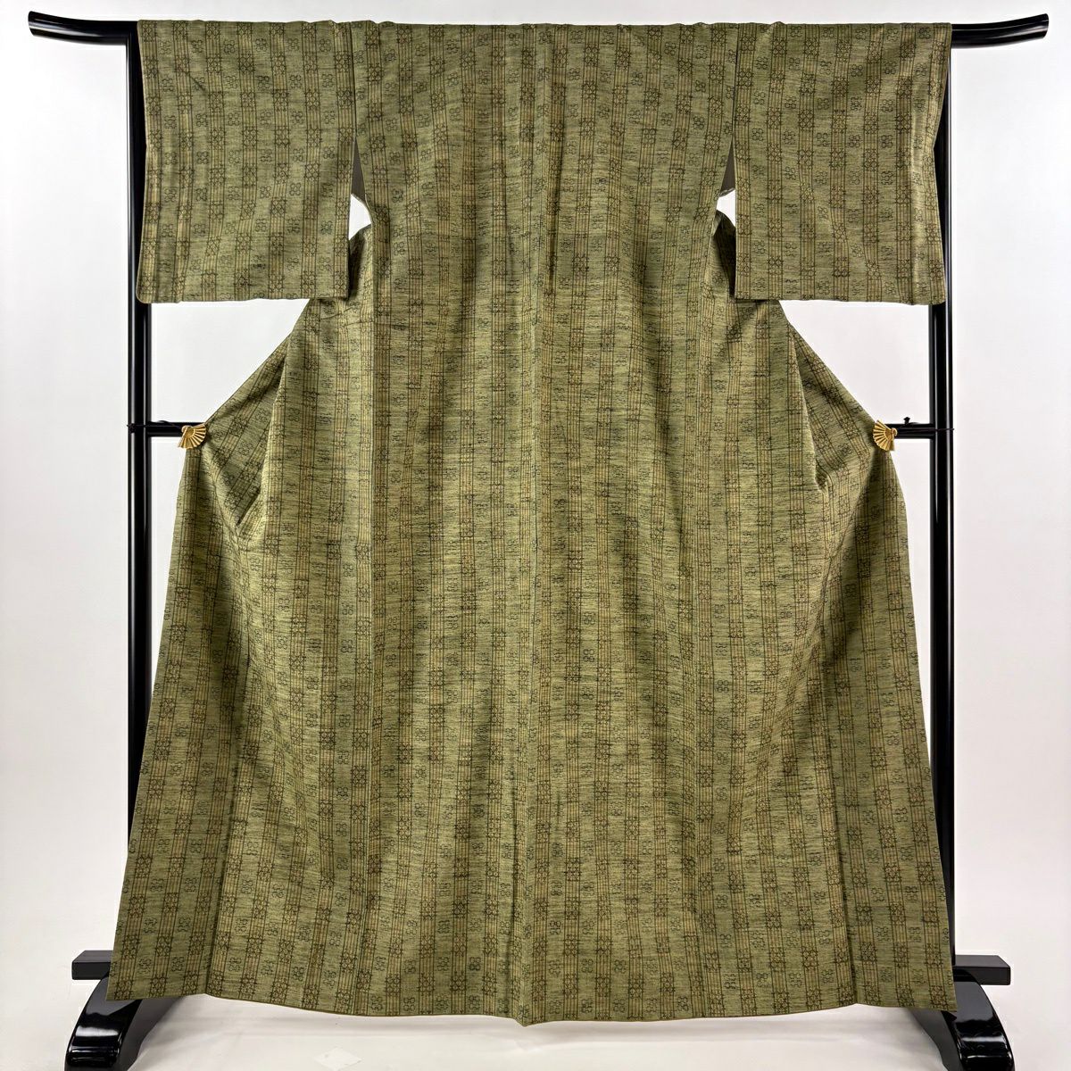 【美品】 紬織 身長166cm 袖長66cm M 雙層 琉里縞 縞花織 鶯 綠 純蠶絲 逸品級