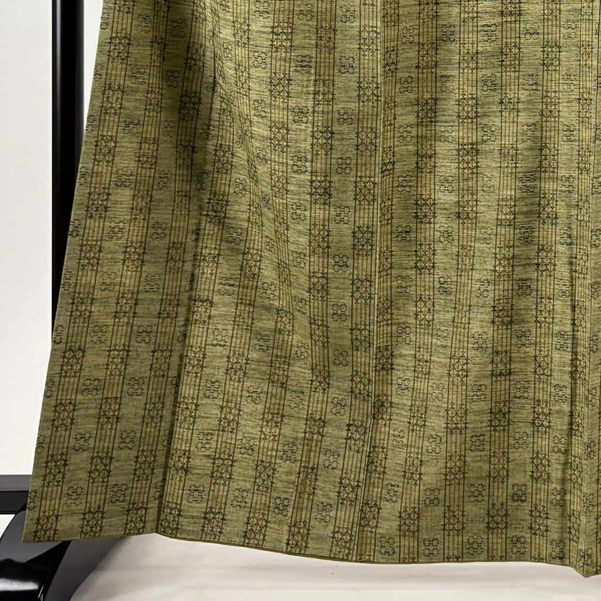 【美品】 紬織 身長166cm 袖長66cm M 雙層 琉里縞 縞花織 鶯 綠 純蠶絲 逸品級