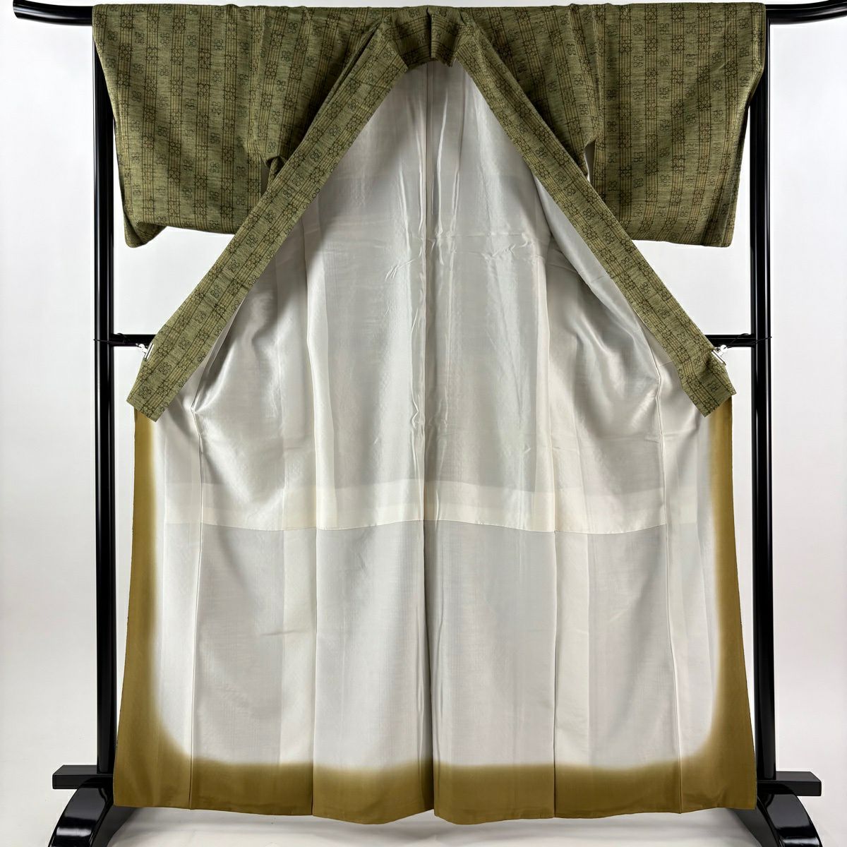 【美品】 紬織 身長166cm 袖長66cm M 雙層 琉里縞 縞花織 鶯 綠 純蠶絲 逸品級
