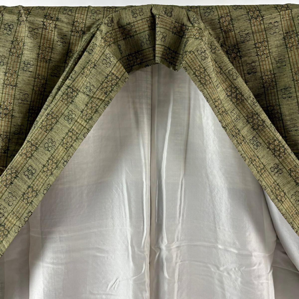 【美品】 紬織 身長166cm 袖長66cm M 雙層 琉里縞 縞花織 鶯 綠 純蠶絲 逸品級