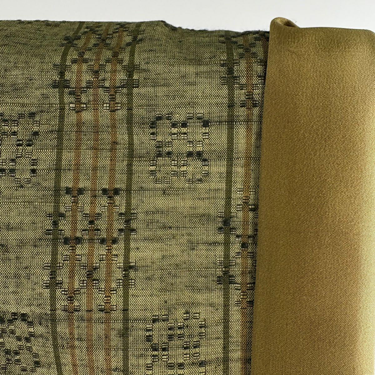 【美品】 紬織 身長166cm 袖長66cm M 雙層 琉里縞 縞花織 鶯 綠 純蠶絲 逸品級