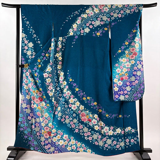 振袖禮服 身長159.5cm 袖長66cm M 雙層 草花紋紋 波 金銀彩 青綠 純蠶絲 逸品級