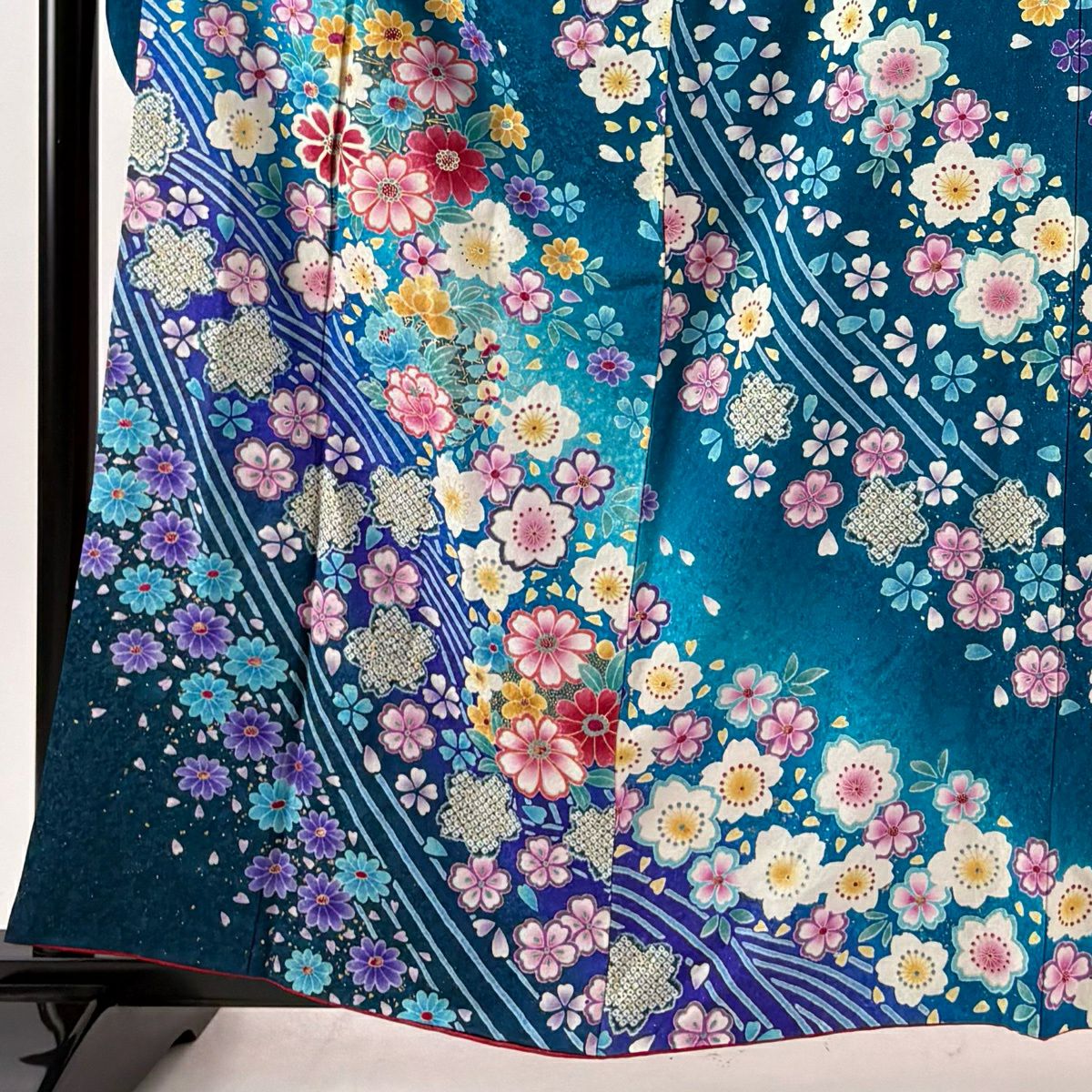 振袖禮服 身長159.5cm 袖長66cm M 雙層 草花紋紋 波 金銀彩 青綠 純蠶絲 逸品級