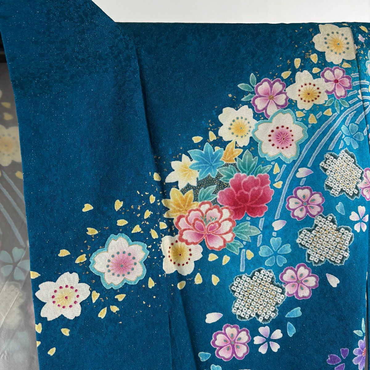 振袖禮服 身長159.5cm 袖長66cm M 雙層 草花紋紋 波 金銀彩 青綠 純蠶絲 逸品級