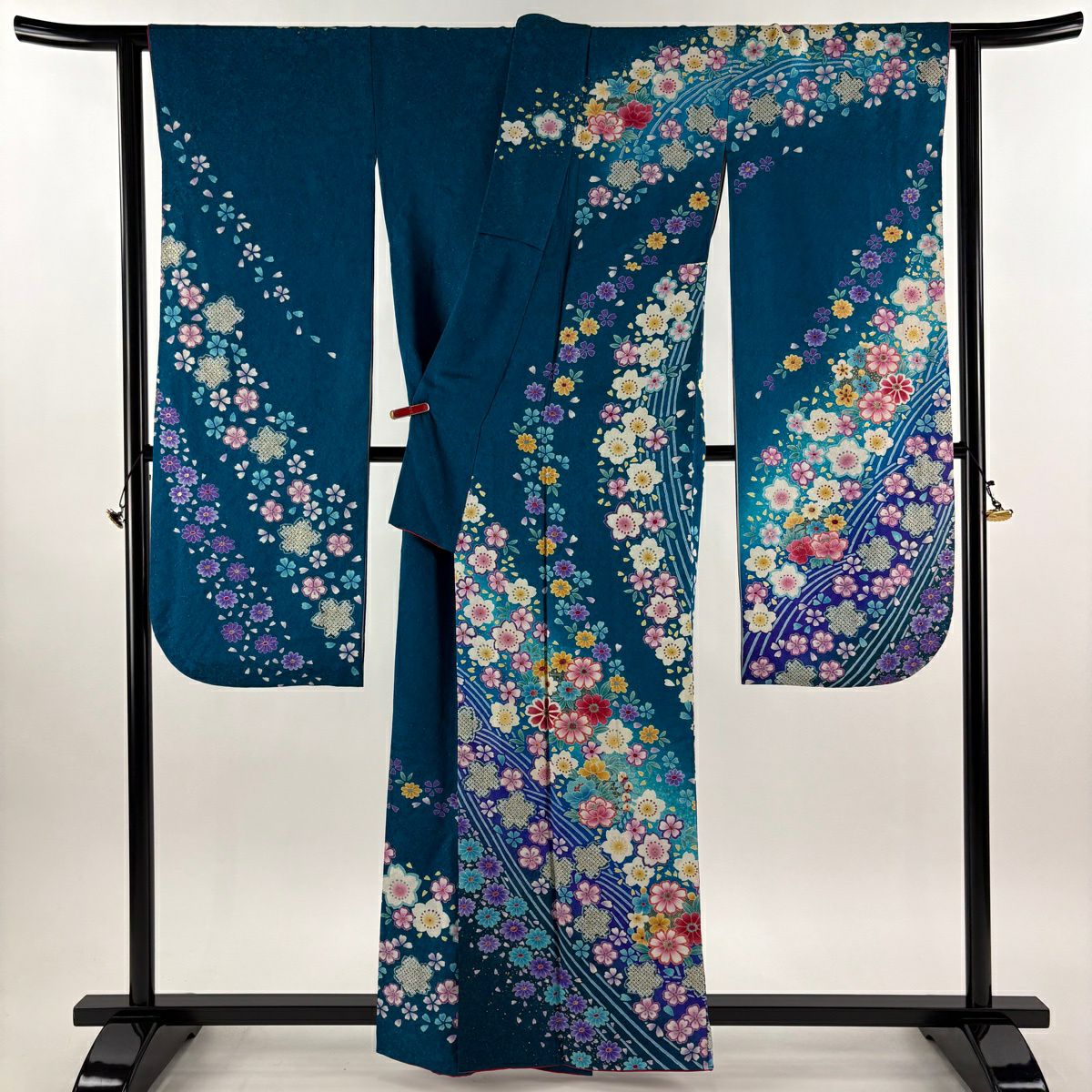 振袖禮服 身長159.5cm 袖長66cm M 雙層 草花紋紋 波 金銀彩 青綠 純蠶絲 逸品級