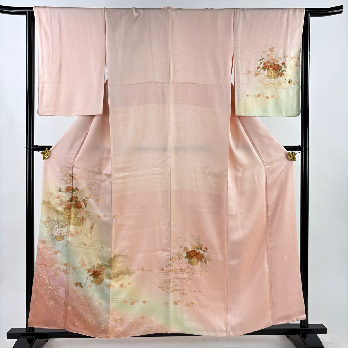 訪問服 身長158cm 袖長64.5cm M 雙層 大和 花籠 雲文 金絲 金銀彩 淺粉色 純蠶絲 優品級