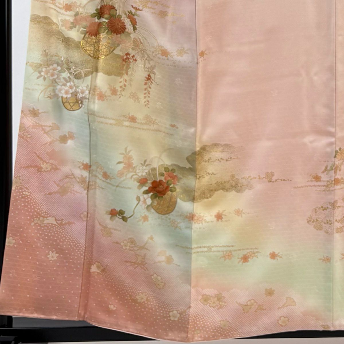 訪問服 身長158cm 袖長64.5cm M 雙層 大和 花籠 雲文 金絲 金銀彩 淺粉色 純蠶絲 優品級