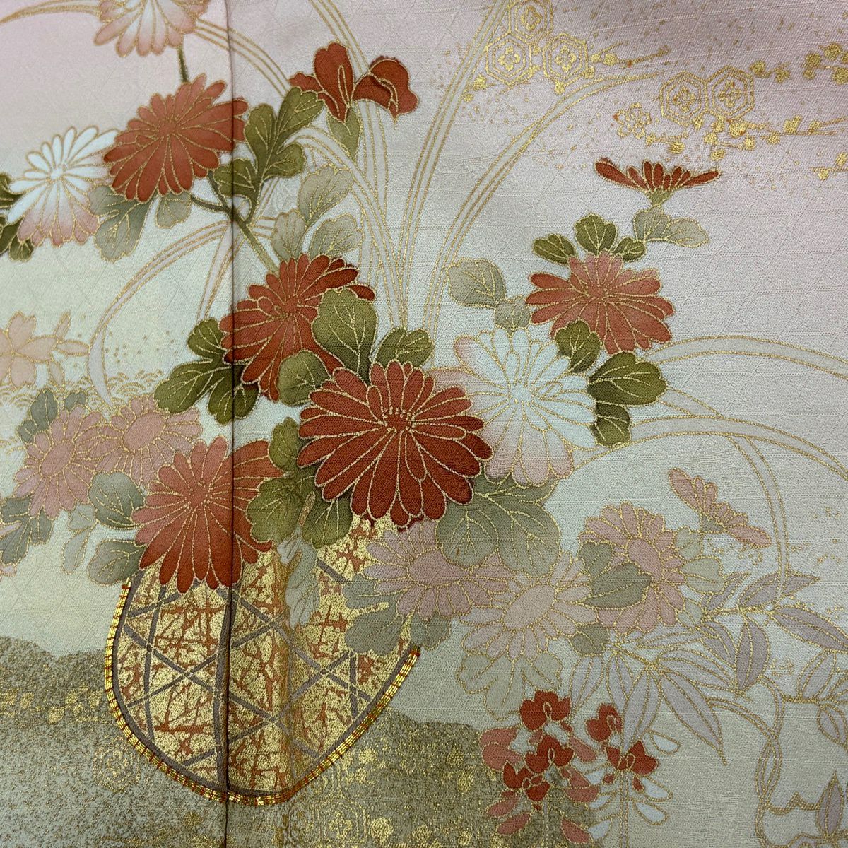 訪問服 身長158cm 袖長64.5cm M 雙層 大和 花籠 雲文 金絲 金銀彩 淺粉色 純蠶絲 優品級