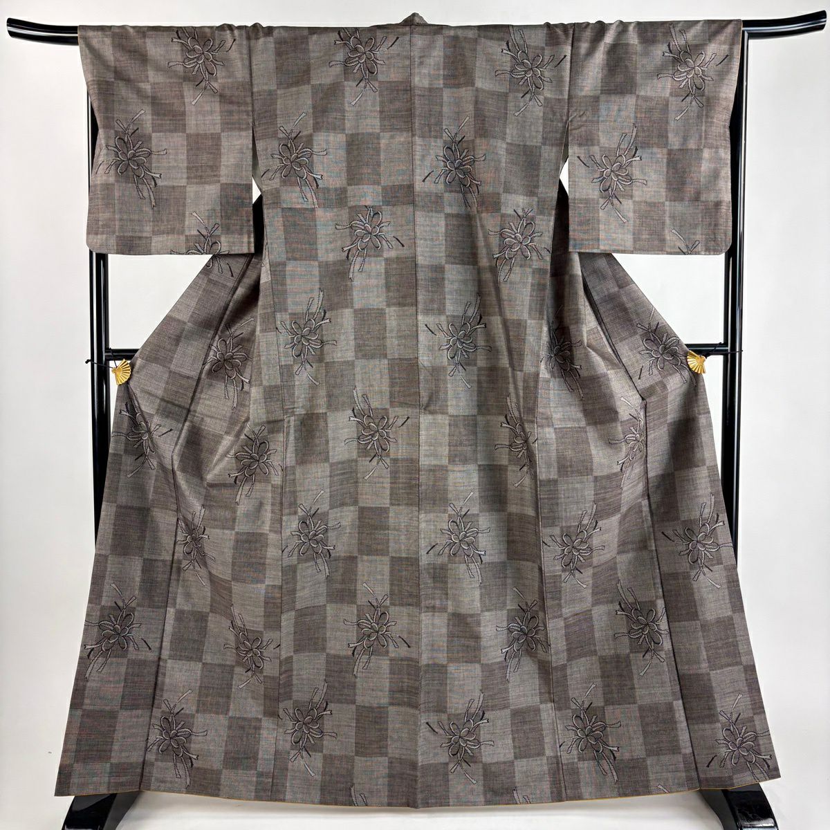 【美品】 紬織織 身長164cm 袖長68cm L 雙層 花 市松樹 焦茶 純蠶絲 秀品級