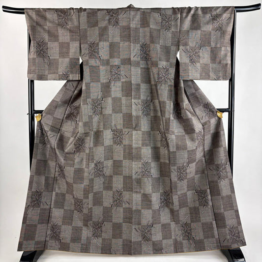 【美品】 紬織織 身長164cm 袖長68cm L 雙層 花 市松樹 焦茶 純蠶絲 秀品級