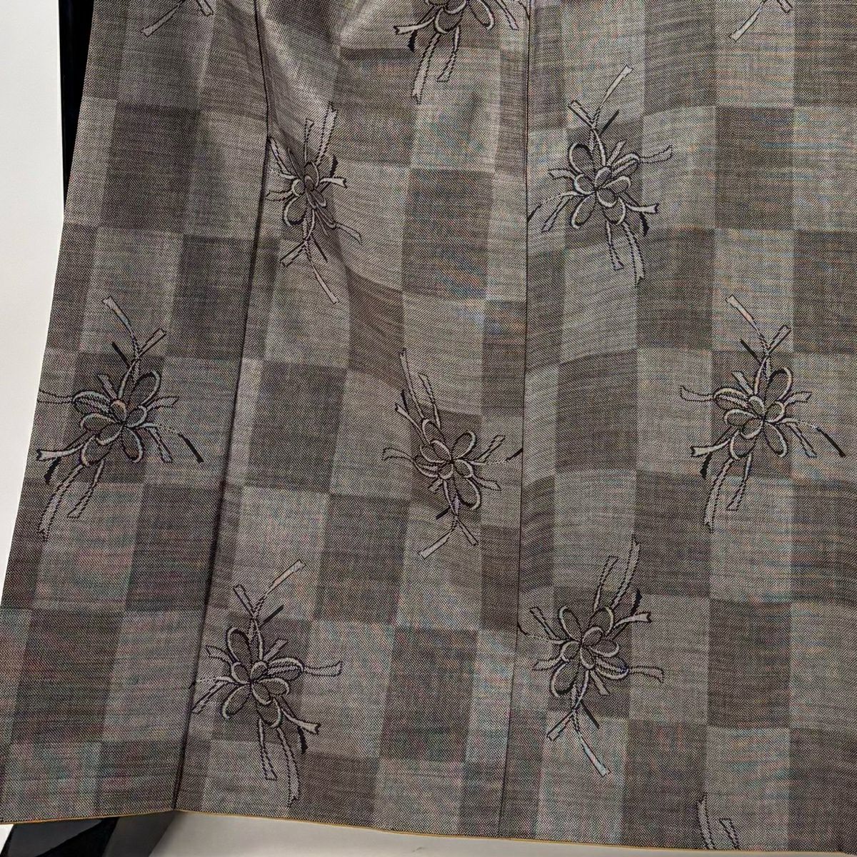【美品】 紬織織 身長164cm 袖長68cm L 雙層 花 市松樹 焦茶 純蠶絲 秀品級