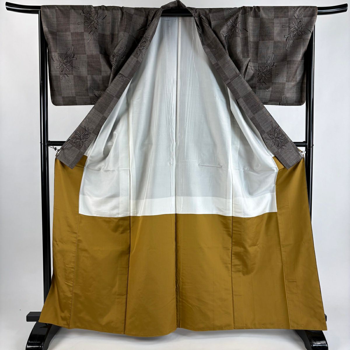 【美品】 紬織織 身長164cm 袖長68cm L 雙層 花 市松樹 焦茶 純蠶絲 秀品級