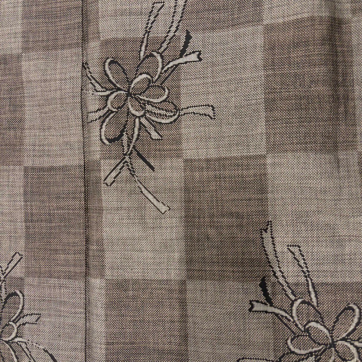 【美品】 紬織織 身長164cm 袖長68cm L 雙層 花 市松樹 焦茶 純蠶絲 秀品級