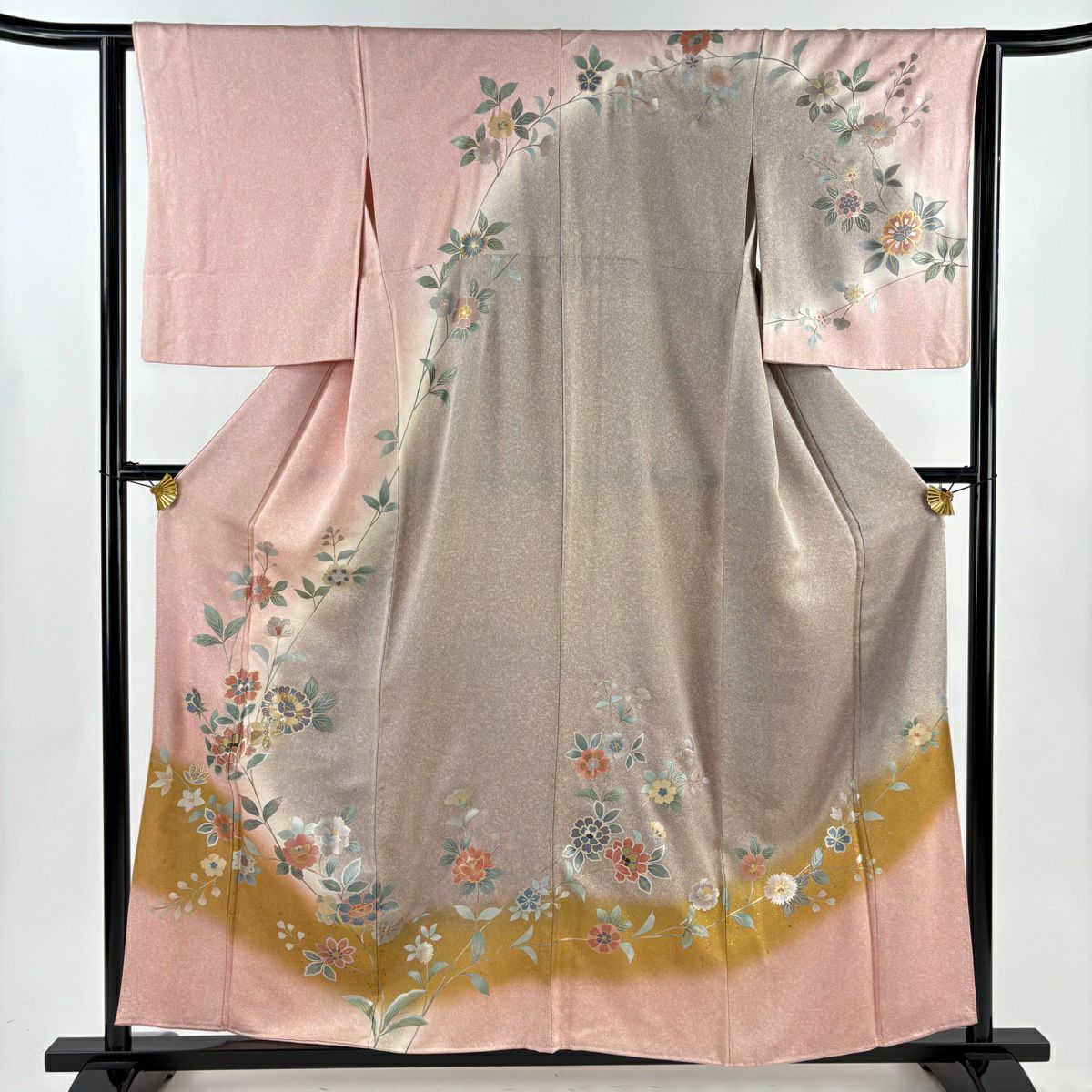 訪問服 身長158.5cm 袖長63cm S 雙層 草花紋紋 螺鈿 金銀彩 淺粉色 純蠶絲 優品級