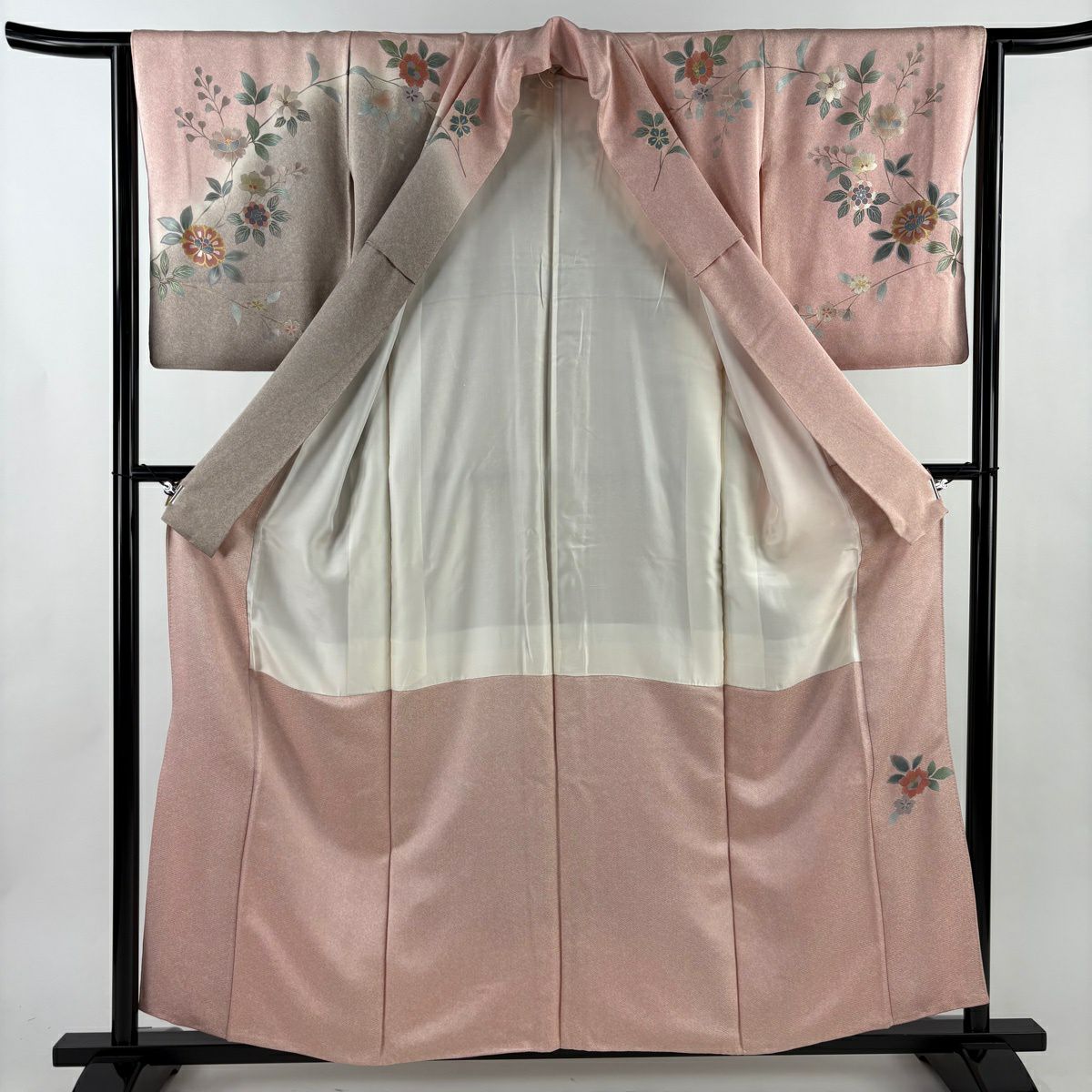 訪問服 身長158.5cm 袖長63cm S 雙層 草花紋紋 螺鈿 金銀彩 淺粉色 純蠶絲 優品級