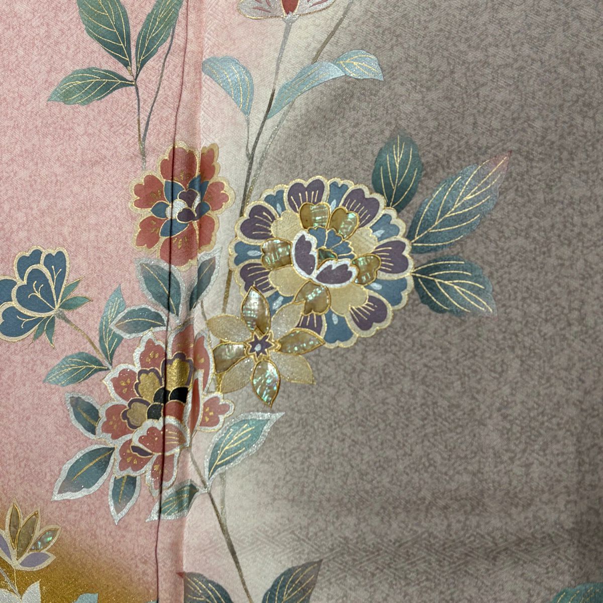 訪問服 身長158.5cm 袖長63cm S 雙層 草花紋紋 螺鈿 金銀彩 淺粉色 純蠶絲 優品級