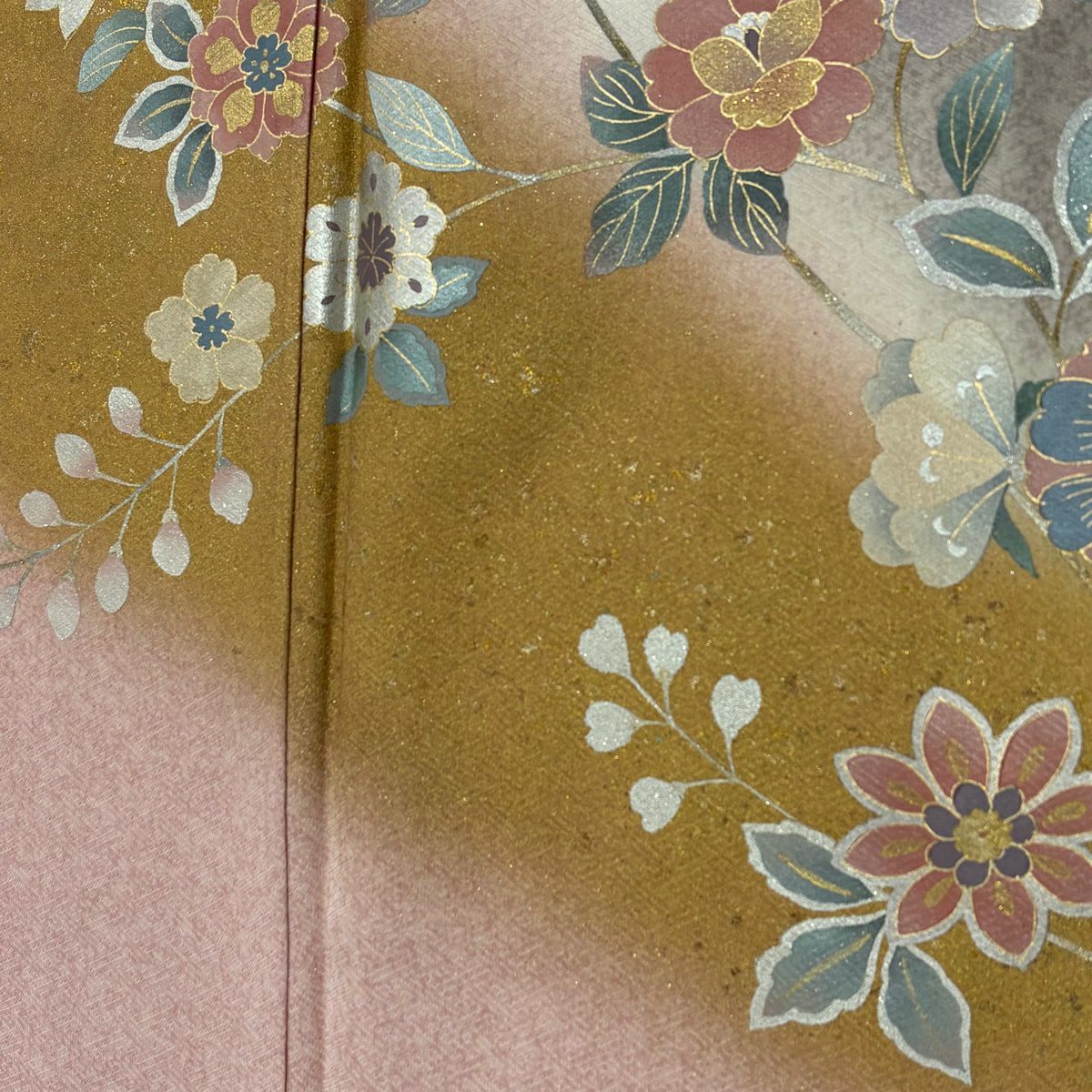 訪問服 身長158.5cm 袖長63cm S 雙層 草花紋紋 螺鈿 金銀彩 淺粉色 純蠶絲 優品級