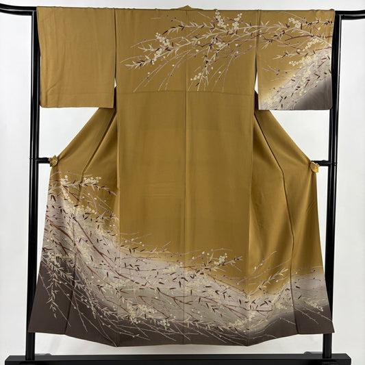 【美品】訪問服 身長151cm 袖長64.5cm M 雙層 枝花 染分 ぼかし 茶 純蠶絲 秀品級