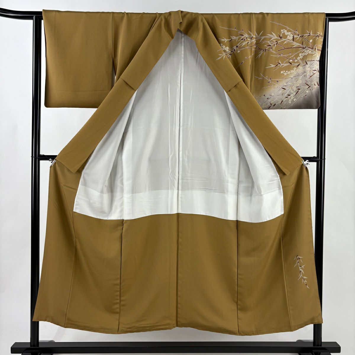 【美品】訪問服 身長151cm 袖長64.5cm M 雙層 枝花 染分 ぼかし 茶 純蠶絲 秀品級