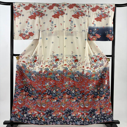 訪問服 身長159cm 袖長65cm M 雙層 落款 草花紋紋 霞 金彩裝飾 奶油色 純蠶絲 優品級