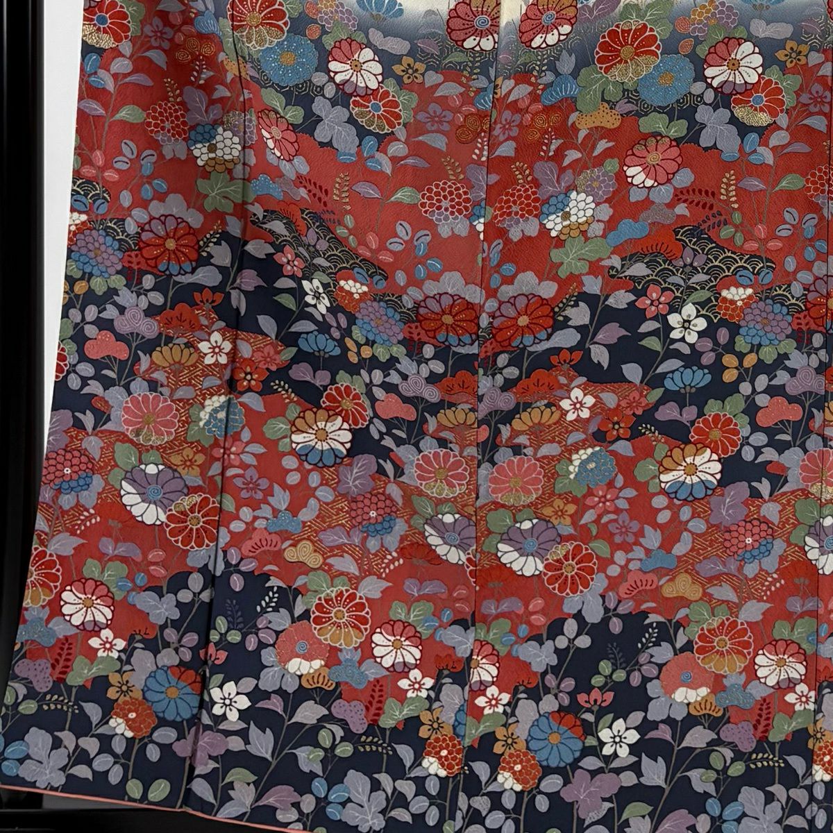 訪問服 身長159cm 袖長65cm M 雙層 落款 草花紋紋 霞 金彩裝飾 奶油色 純蠶絲 優品級