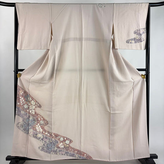 付下 身長159.5cm 袖長66cm M 雙層 草花紋紋 流水 絞染 漸層 淺粉色 純蠶絲 優品級