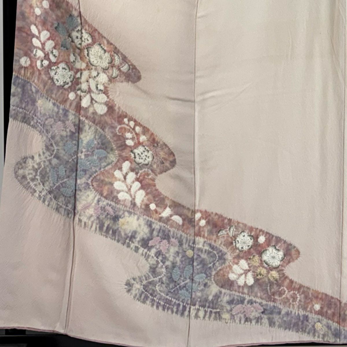 付下 身長159.5cm 袖長66cm M 雙層 草花紋紋 流水 絞染 漸層 淺粉色 純蠶絲 優品級