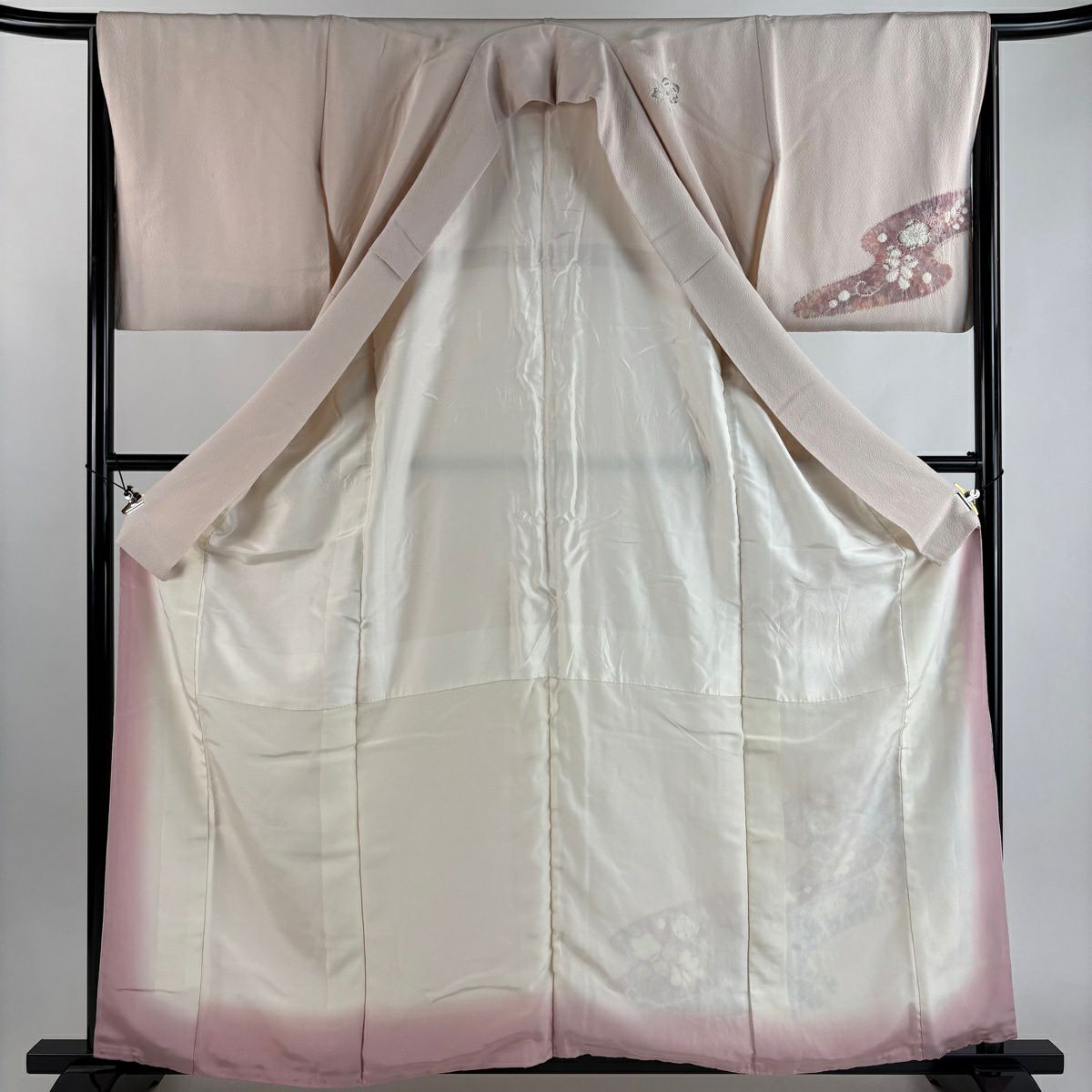付下 身長159.5cm 袖長66cm M 雙層 草花紋紋 流水 絞染 漸層 淺粉色 純蠶絲 優品級