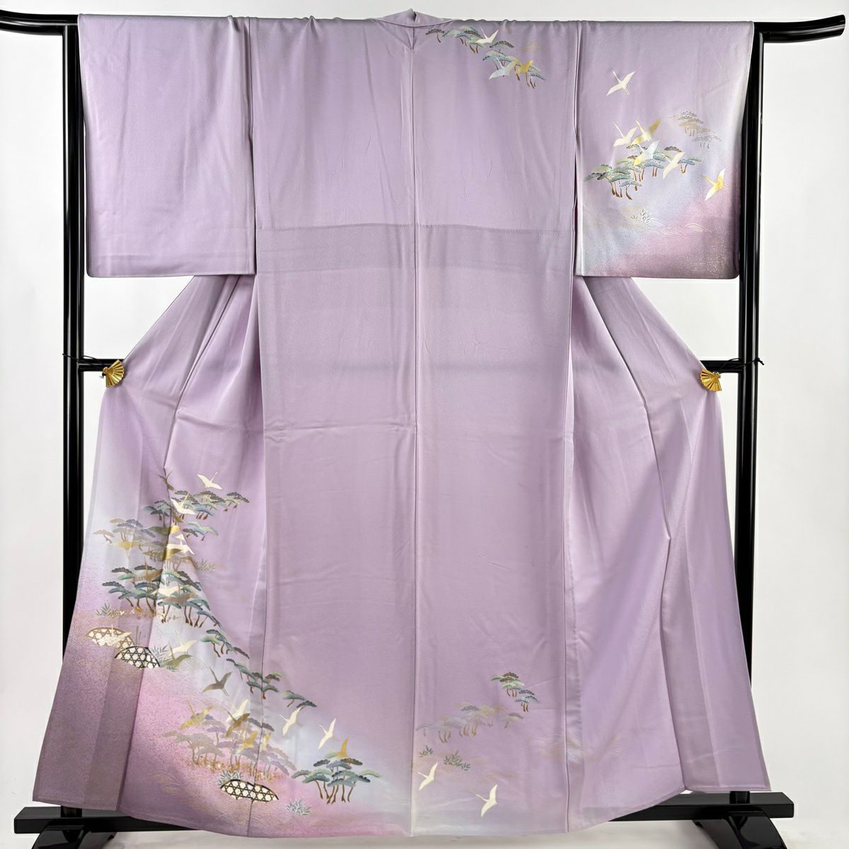 訪問服 身長160cm 袖長65.5cm M 單層 大和 仙鶴 松樹 金銀彩 漸層 淺紫 純蠶絲 優品級
