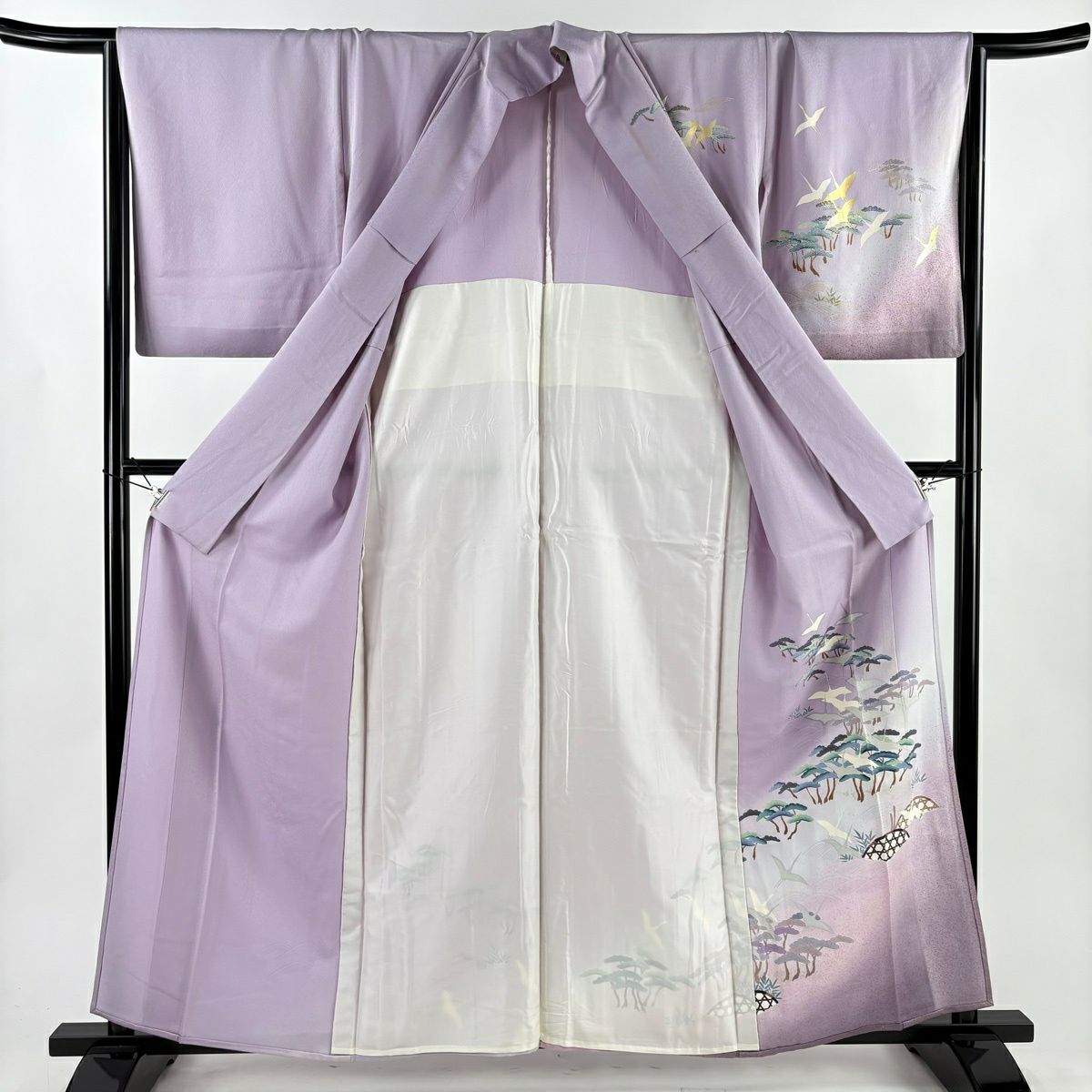 訪問服 身長160cm 袖長65.5cm M 單層 大和 仙鶴 松樹 金銀彩 漸層 淺紫 純蠶絲 優品級