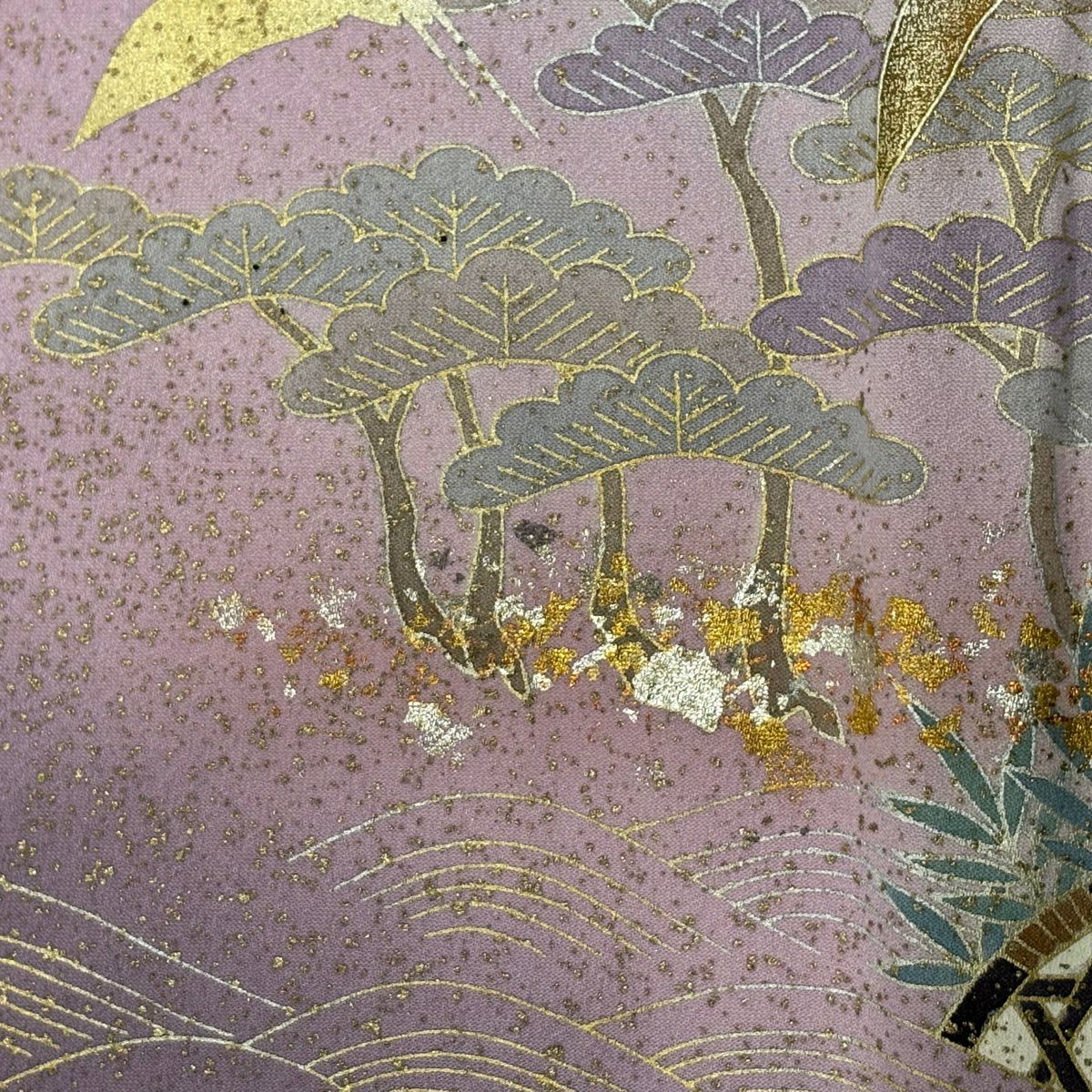 訪問服 身長160cm 袖長65.5cm M 單層 大和 仙鶴 松樹 金銀彩 漸層 淺紫 純蠶絲 優品級