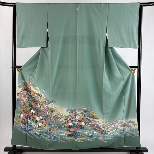 色留袖禮服 身長158cm 袖長64cm M 雙層 落款あり 草花紋紋 波 ぼかし 薄綠 純蠶絲 秀品級 一つ紋