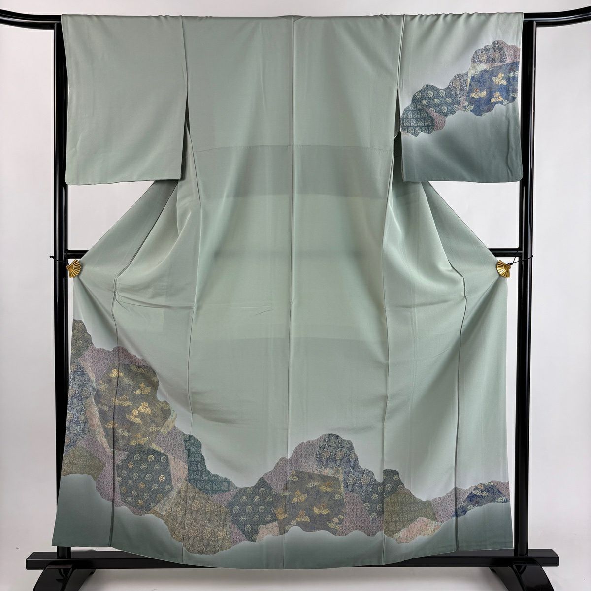 【美品】 付下 身長160.5cm 袖長64cm M 雙層 霞取 裂取 金銀彩 淺綠 純蠶絲 優品級