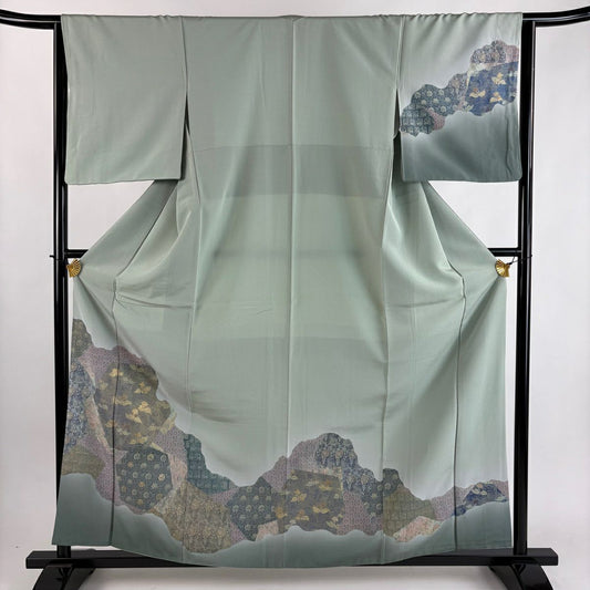 【美品】 付下 身長160.5cm 袖長64cm M 雙層 霞取 裂取 金銀彩 淺綠 純蠶絲 優品級