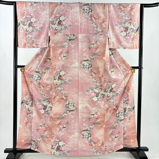 【美品】 小紋 身長162.5cm 袖長65.5cm M 雙層 草花紋紋 檜扇子 金銀彩 粉紅 純蠶絲 秀品級