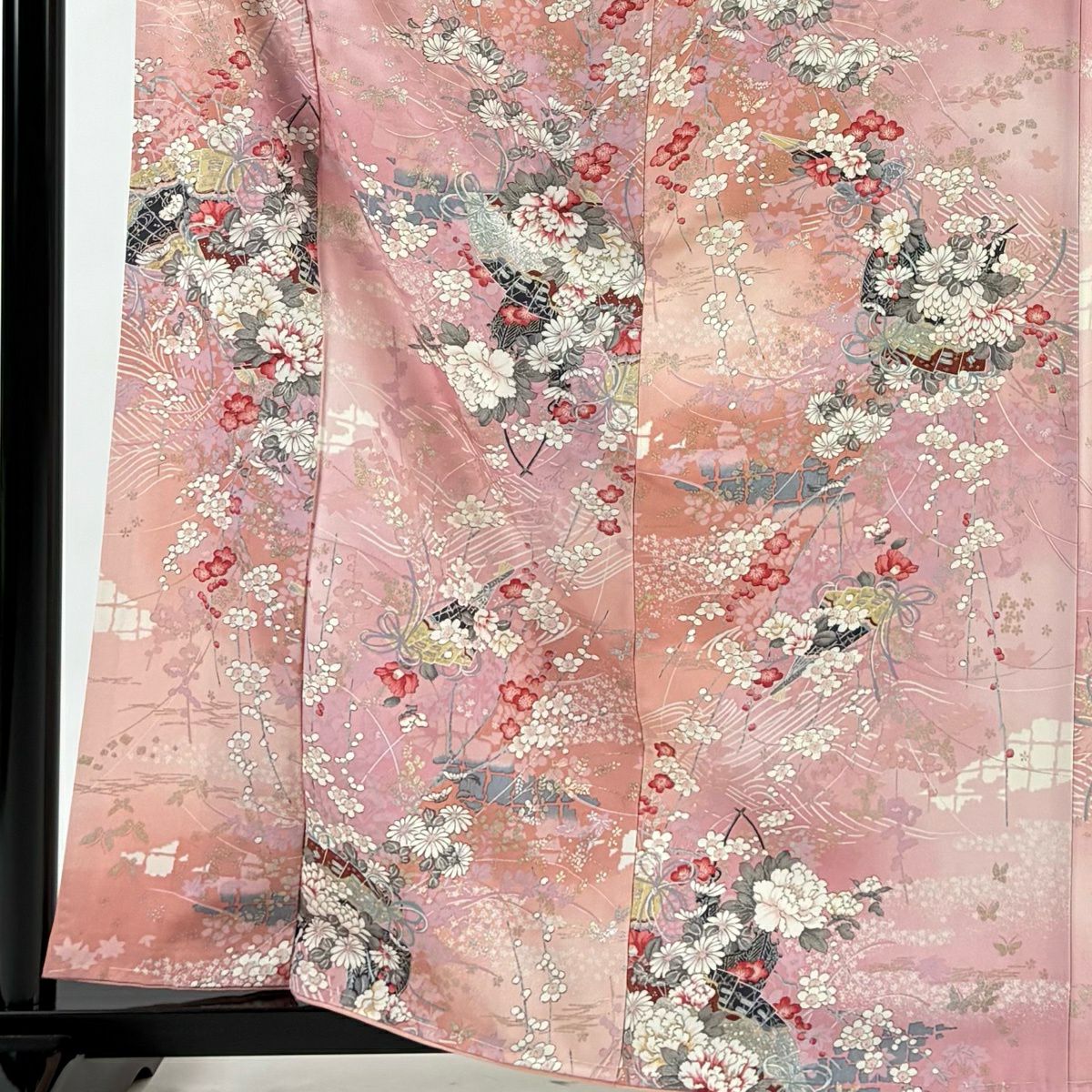 【美品】 小紋 身長162.5cm 袖長65.5cm M 雙層 草花紋紋 檜扇子 金銀彩 粉紅 純蠶絲 秀品級