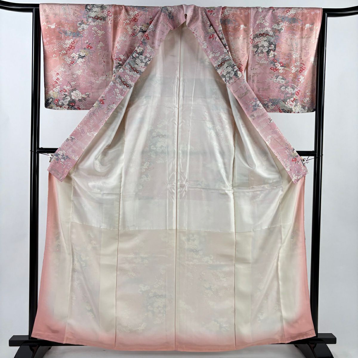 【美品】 小紋 身長162.5cm 袖長65.5cm M 雙層 草花紋紋 檜扇子 金銀彩 粉紅 純蠶絲 秀品級