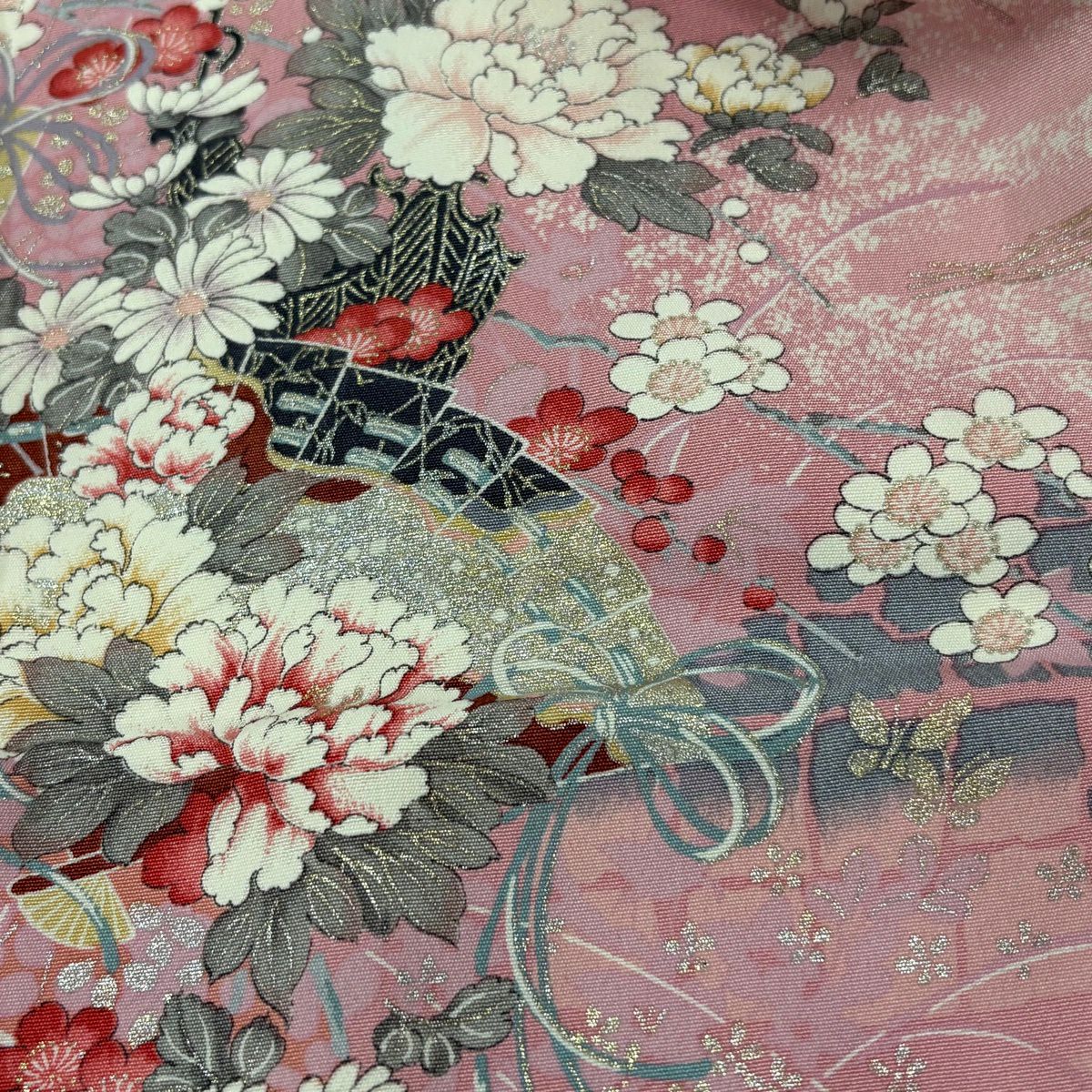 【美品】 小紋 身長162.5cm 袖長65.5cm M 雙層 草花紋紋 檜扇子 金銀彩 粉紅 純蠶絲 秀品級