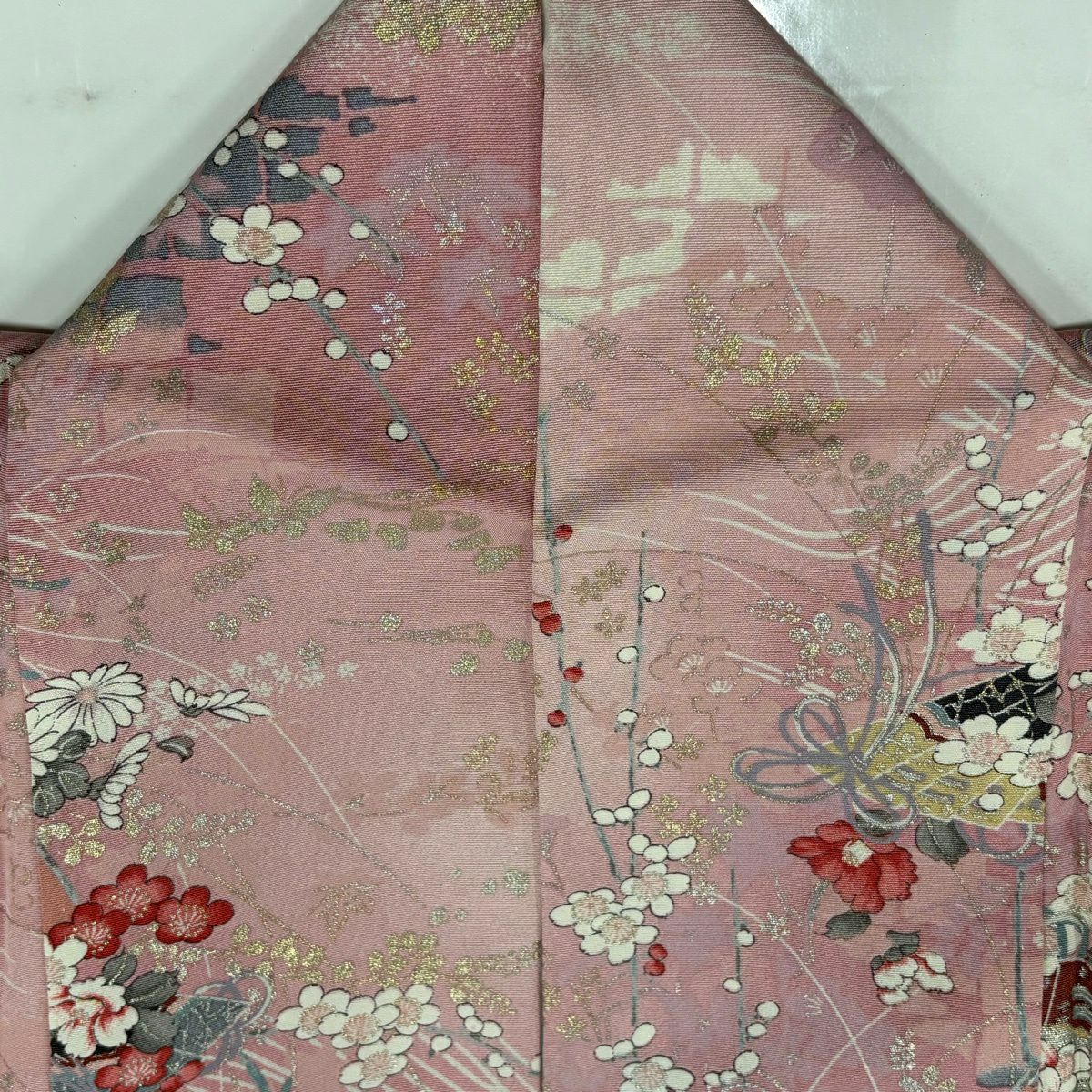【美品】 小紋 身長162.5cm 袖長65.5cm M 雙層 草花紋紋 檜扇子 金銀彩 粉紅 純蠶絲 秀品級