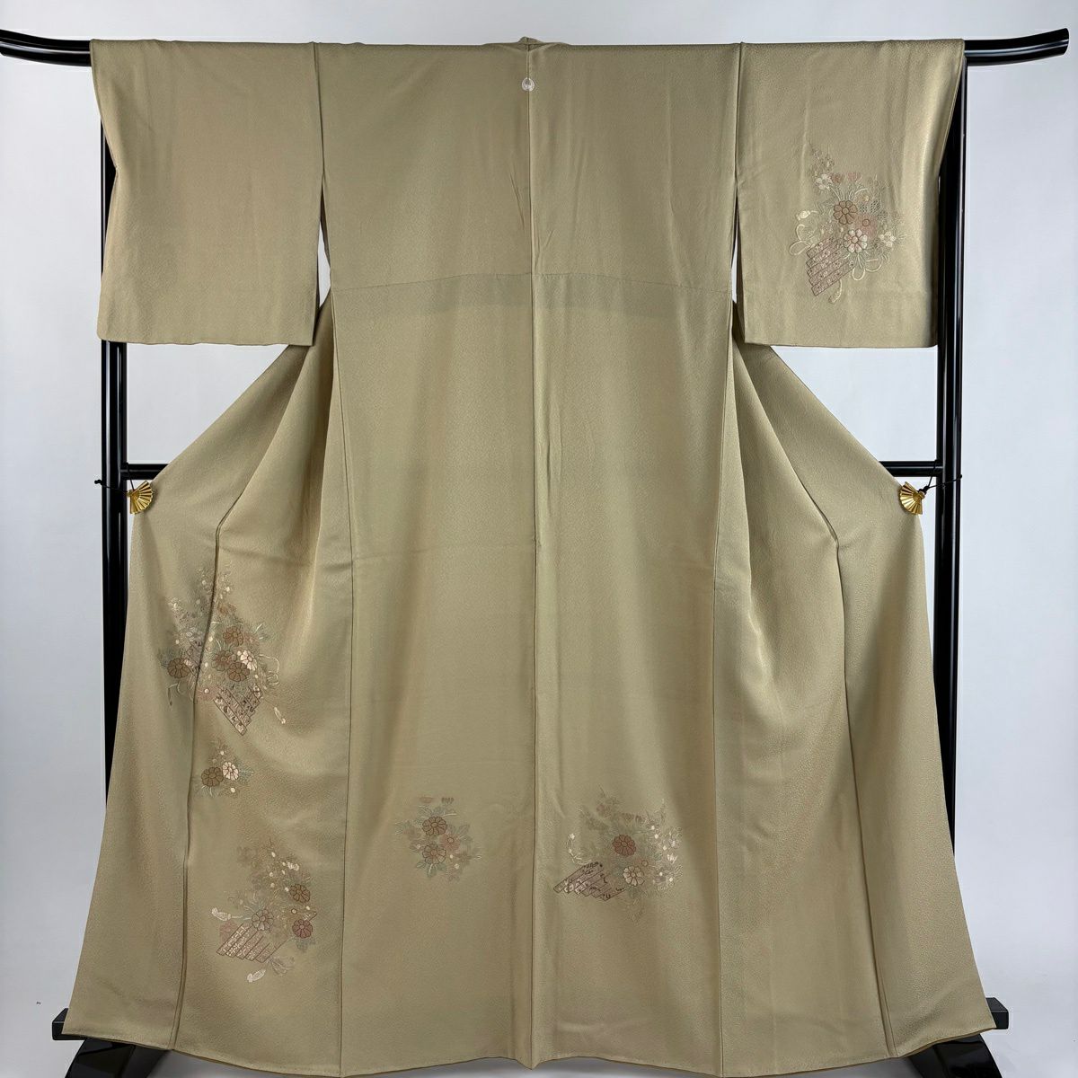付下 身長164cm 袖長67cm M 雙層 花筏 刺繡 金線 灰綠 純蠶絲 秀品級 一個紋